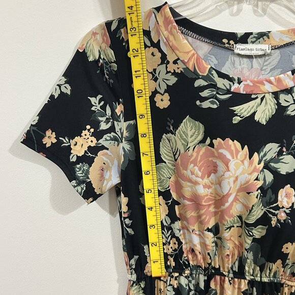 Flamingo Urban Women Black Floral Knit Round Neck Short Sleeve Maxi Dress SMALL - Picture 3 of 8